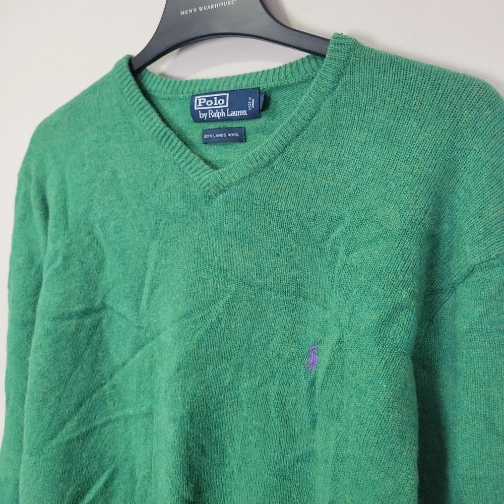 Polo Ralph Lauren 100% Lambs Wool V Neck Sweater Mens Large Green Pony Logo